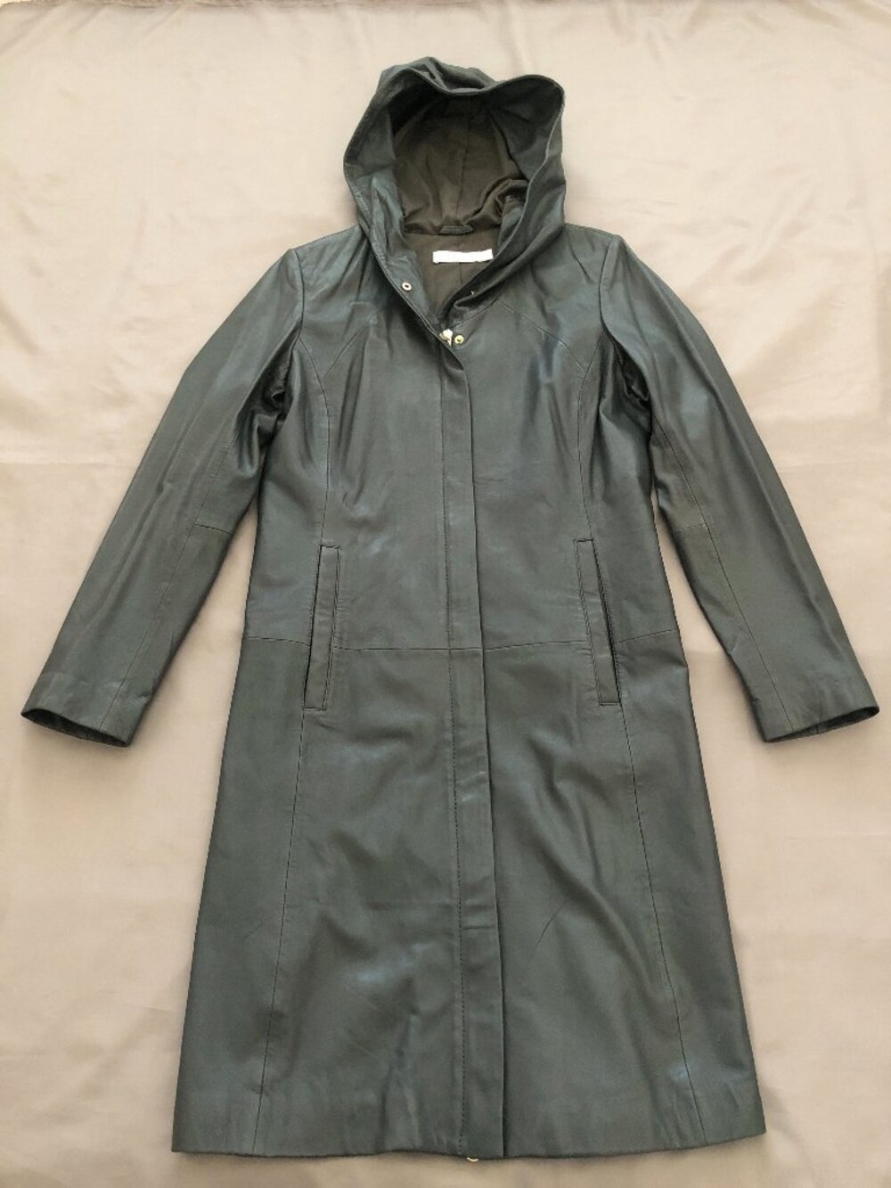 Rich Charcoal Gray Leather Coat With Hood